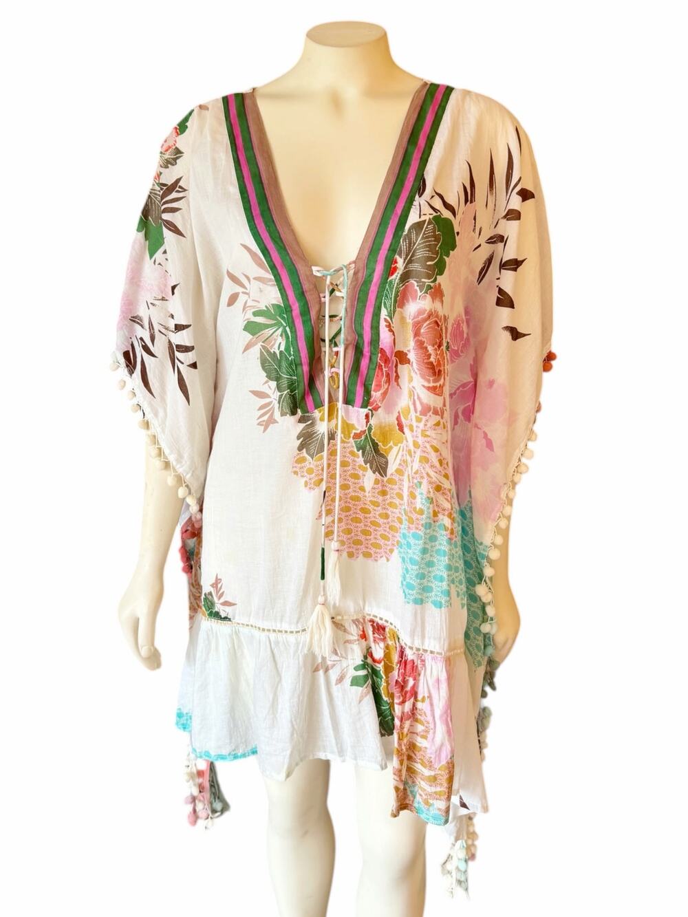 Z&L Europe Floral Print Airy 100% Cotton Pom-Pom Caftan Swim Cover Up sz S